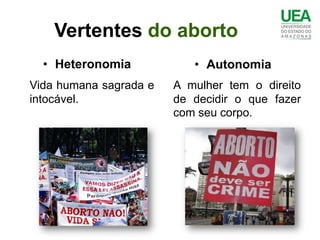 Vertentes do aborto
  • Heteronomia            • Autonomia
Vida humana sagrada e   A mulher tem o direito
intocável.              de decidir o que fazer
                        com seu corpo.
 