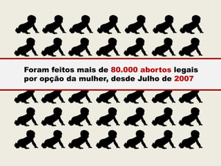 Foram feitos mais de 80.000 abortos legais
por opção da mulher, desde Julho de 2007
 