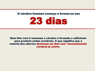 O cérebro humano começa a formar-se aos


              23 dias
Num feto com 6 semanas o cérebro é formado o suficiente
   para produzir ondas cerebrais. O que significa que a
maioria dos abortos destroem um feto com funcionamento
                    cerebral já activo.
 
