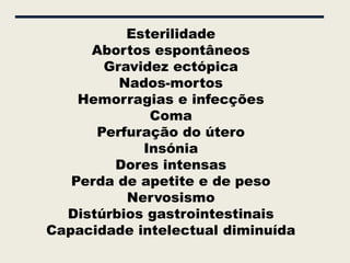 Esterilidade
     Abortos espontâneos
       Gravidez ectópica
         Nados-mortos
    Hemorragias e infecções
             Coma
      Perfuração do útero
            Insónia
        Dores intensas
   Perda de apetite e de peso
          Nervosismo
  Distúrbios gastrointestinais
Capacidade intelectual diminuída
 