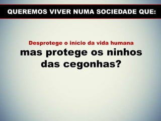 QUEREMOS VIVER NUMA SOCIEDADE QUE:



    Desprotege o início da vida humana
  mas protege os ninhos
     das cegonhas?
 