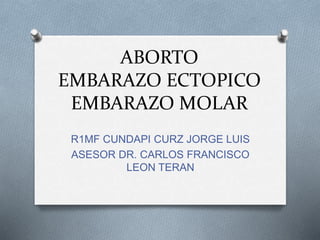 ABORTO
EMBARAZO ECTOPICO
EMBARAZO MOLAR
R1MF CUNDAPI CURZ JORGE LUIS
ASESOR DR. CARLOS FRANCISCO
LEON TERAN
 