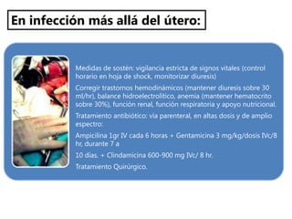 Medidas de sostén: vigilancia estricta de signos vitales (control
horario en hoja de shock, monitorizar diuresis)
Corregir trastornos hemodinámicos (mantener diuresis sobre 30
ml/hr), balance hidroelectrolítico, anemia (mantener hematocrito
sobre 30%), función renal, función respiratoria y apoyo nutricional.
Tratamiento antibiótico: vía parenteral, en altas dosis y de amplio
espectro:
Ampicilina 1gr IV cada 6 horas + Gentamicina 3 mg/kg/dosis IVc/8
hr, durante 7 a
10 días. + Clindamicina 600-900 mg IVc/ 8 hr.
Tratamiento Quirúrgico.
En infección más allá del útero:
 