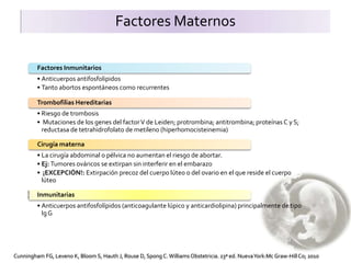 Factores Maternos
• Anticuerpos antifosfolipidos
• Tanto abortos espontáneos como recurrentes
Factores Inmunitarios
• Riesgo de trombosis
• Mutaciones de los genes del factorV de Leiden; protrombina; antitrombina; proteínas C y S;
reductasa de tetrahidrofolato de metileno (hiperhomocisteinemia)
Trombofilias Hereditarias
• La cirugía abdominal o pélvica no aumentan el riesgo de abortar.
• Ej: Tumores ováricos se extirpan sin interferir en el embarazo
• ¡EXCEPCIÓN!: Extirpación precoz del cuerpo lúteo o del ovario en el que reside el cuerpo
lúteo
Cirugía materna
• Anticuerpos antifosfolípidos (anticoagulante lúpico y anticardiolipina) principalmente de tipo
IgG
Inmunitarias
Cunningham FG, Leveno K, Bloom S, Hauth J, Rouse D, Spong C.Williams Obstetricia. 23ª ed. NuevaYork:Mc Graw-HillCo; 2010
 