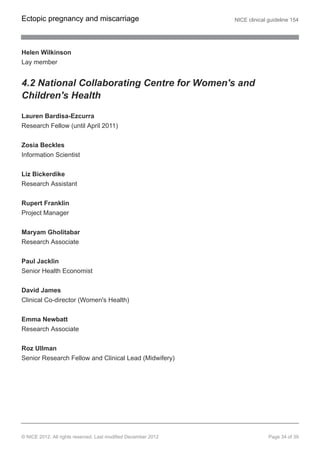 Helen Wilkinson
Lay member
4.2 National Collaborating Centre for Women's and
Children's Health
Lauren Bardisa-Ezcurra
Research Fellow (until April 2011)
Zosia Beckles
Information Scientist
Liz Bickerdike
Research Assistant
Rupert Franklin
Project Manager
Maryam Gholitabar
Research Associate
Paul Jacklin
Senior Health Economist
David James
Clinical Co-director (Women's Health)
Emma Newbatt
Research Associate
Roz Ullman
Senior Research Fellow and Clinical Lead (Midwifery)
Ectopic pregnancy and miscarriage NICE clinical guideline 154
© NICE 2012. All rights reserved. Last modified December 2012 Page 34 of 39
 