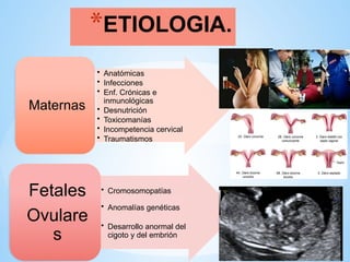 *ETIOLOGIA.
• Anatómicas
• Infecciones
• Enf. Crónicas e
inmunológicas
• Desnutrición
• Toxicomanías
• Incompetencia cervical
• Traumatismos
Maternas
• Cromosomopatías
• Anomalías genéticas
• Desarrollo anormal del
cigoto y del embrión
Fetales
Ovulare
s
 