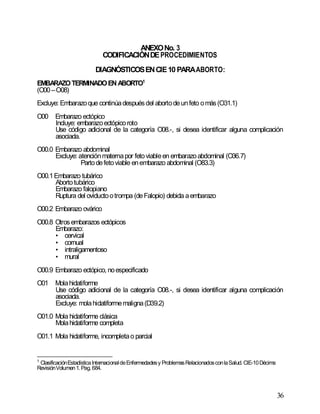 36
ANEXONo. 3
CODIFICACIÓNDEPROCEDIMIENTOS
DIAGNÓSTICOSENCIE10 PARAABORTO:
EMBARAZOTERMINADOENABORTO1
(O00–O08)
Excluye: Embarazoque continúadespuésdel abortodeunfeto omás(O31.1)
O00 Embarazo ectópico
Incluye: embarazoectópicoroto
Use código adicional de la categoría O08.-, si desea identificar alguna complicación
asociada.
O00.0 Embarazo abdominal
Excluye: atenciónmaternapor fetoviableen embarazoabdominal (O36.7)
Partodefetoviable enembarazo abdominal (O83.3)
O00.1Embarazo tubárico
Abortotubárico
Embarazo falopiano
Ruptura del oviductootrompa (deFalopio) debida aembarazo
O00.2 Embarazo ovárico
O00.8 Otrosembarazos ectópicos
Embarazo:
• cervical
• cornual
• intraligamentoso
• mural
O00.9 Embarazo ectópico, noespecificado
O01 Molahidatiforme
Use código adicional de la categoría O08.-, si desea identificar alguna complicación
asociada.
Excluye: molahidatiformemaligna(D39.2)
O01.0 Mola hidatiforme clásica
Molahidatiforme completa
O01.1 Mola hidatiforme, incompletao parcial
1
ClasificaciónEstadísticaInternacionaldeEnfermedadesy ProblemasRelacionadosconlaSalud. CIE-10Décima
RevisiónVolumen1. Pag. 684.
 