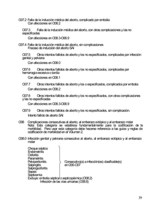 39
O07.2 Falla dela inducciónmédicadel aborto, complicado por embolia
Conafecciones enO08.2
O07.3 Falladela inducciónmédicadel aborto, con otrascomplicacionesylasno
especificadas
Conafecciones enO08.3-O08.9
O07.4 Falla dela inducciónmédicadel aborto, sincomplicaciones
Fracaso deinduccióndel abortoSAI
O07.5 Otrosintentosfallidos deabortoylos noespecificados, complicadospor infección
genital y pelviana
Conafecciones enO08.0
O07.6 Otrosintentosfallidos deabortoylos noespecificados, complicadospor
hemorragiaexcesivaotardía
Conafecciones enO08.1
O07.7 Otrosintentosfallidos deabortoylos oespecificados, complicadospor embolia
Conafecciones enO08.2
O07.8 Otrosintentosfallidos deabortoylos noespecificados, conotrascomplicaciones
ylasno especificadas
Conafecciones enO08.3-O08.9
O07.9 Otrosintentosfallidos deabortoylos noespecificados, sincomplicación.
Intentofallidode aborto SAI
O08 Complicaciones consecutivasal aborto, al embarazoectópicoyal embarazo molar
Nota: Esta categoría se establece fundamentalmente para la codificación de la
morbilidad. Para usar esta categoría debe hacerse referencia a las guías y reglas de
codificaciónde morbilidaden el Volumen2.
O08.0 Infección genital y pelviana consecutiva al aborto, al embarazo ectópico y al embarazo
molar
Choqueséptico
Endometritis
Ooforitis
Parametritis
Pelviperitonitis Consecutivo(a) ainfección(es) clasificable(s)
Salpingitis enO00-O07
Salpingooforitis
Sepsis
Septicemia
Excluye: embolia sépticaosepticopiémica(O08.2)
Infección delas víasurinarias(O08.8)
 