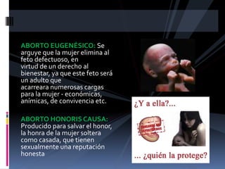ABORTO EUGENÉSICO: Se 
arguye que la mujer elimina al 
feto defectuoso, en 
virtud de un derecho al 
bienestar, ya que este feto será 
un adulto que 
acarreara numerosas cargas 
para la mujer - económicas, 
anímicas, de convivencia etc. 
ABORTO HONORIS CAUSA: 
Producido para salvar el honor, 
la honra de la mujer soltera 
como casada, que tienen 
sexualmente una reputación 
honesta 
 