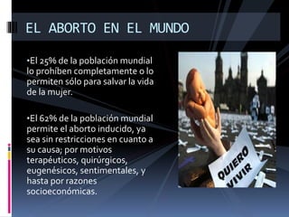 EL ABORTO EN EL MUNDO 
•El 25% de la población mundial 
lo prohíben completamente o lo 
permiten sólo para salvar la vida 
de la mujer. 
•El 62% de la población mundial 
permite el aborto inducido, ya 
sea sin restricciones en cuanto a 
su causa; por motivos 
terapéuticos, quirúrgicos, 
eugenésicos, sentimentales, y 
hasta por razones 
socioeconómicas. 
 