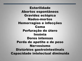 Esterilidade
Abortos espontâneos
Gravidez ectópica
Nados-mortos
Hemorragias e infecções
Coma
Perfuração do útero
Insónia
Dores intensas
Perda de apetite e de peso
Nervosismo
Distúrbios gastrointestinais
Capacidade intelectual diminuída
 