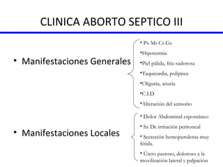 CLINICA ABORTO SEPTICO III Manifestaciones Generales Manifestaciones Locales Px Ms Cs Gs Hipotermia Piel pálida, fría sudorosa Taquicardia, polipnea Oliguria, anuria C.I.D Alteración del sensorio Dolor Abdominal espontáneo Sx De irritación peritoneal Secreción hemopurulenta muy fétida. Útero pastoso, doloroso a la movilización lateral y palpación 