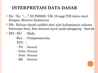 INTERPRETASI DATA DASAR   Dx : Ny. “….” GI P00000  UK 18 mgg T/H intra uteri  dengan Abortus Imminens DS : Keluar darah sedikit dari alat kelaminnya selama  beberapa hari, dan merasa nyeri pada pinggang  bawah DO : KU : Baik,    Kes : Composmentis,    TTV : TD : Normal Suhu: Normal Nadi : Normal RR : Normal 