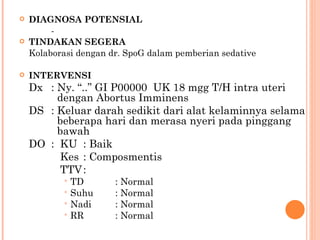 DIAGNOSA POTENSIAL - TINDAKAN SEGERA Kolaborasi dengan dr. SpoG dalam pemberian sedative INTERVENSI Dx : Ny. “..” GI P00000  UK 18 mgg T/H intra uteri      dengan Abortus Imminens DS : Keluar darah sedikit dari alat kelaminnya selama    beberapa hari dan merasa nyeri pada pinggang      bawah DO :  KU : Baik   Kes : Composmentis   TTV : TD : Normal Suhu : Normal Nadi : Normal RR : Normal 