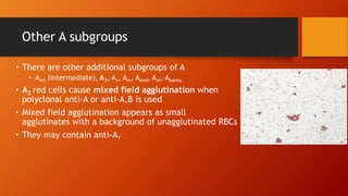 Other A subgroups
• There are other additional subgroups of A
• Aint (intermediate), A3, Ax, Am, Aend, Ael, Abantu
• A3 red cells cause mixed field agglutination when
polyclonal anti-A or anti-A,B is used
• Mixed field agglutination appears as small
agglutinates with a background of unagglutinated RBCs
• They may contain anti-A1
 