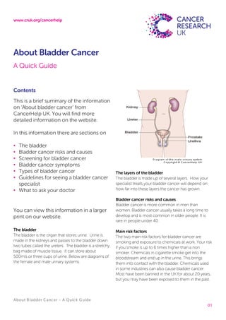 www.cruk.org/cancerhelp

About Bladder Cancer
A Quick Guide

Contents
This is a brief summary of the information
on ‘About bladder cancer’ from
CancerHelp UK. You will find more
detailed information on the website.
In this information there are sections on
The bladder
Bladder cancer risks and causes
Screening for bladder cancer
Bladder cancer symptoms
Types of bladder cancer
Guidelines for seeing a bladder cancer
specialist
• What to ask your doctor

•
•
•
•
•
•

You can view this information in a larger
print on our website.
The bladder
The bladder is the organ that stores urine. Urine is
made in the kidneys and passes to the bladder down
two tubes called the ureters. The bladder is a stretchy
bag made of muscle tissue. It can store about
500mls or three cups of urine. Below are diagrams of
the female and male urinary systems.

The layers of the bladder
The bladder is made up of several layers. How your
specialist treats your bladder cancer will depend on
how far into these layers the cancer has grown.
Bladder cancer risks and causes
Bladder cancer is more common in men than
women. Bladder cancer usually takes a long time to
develop and is most common in older people. It is
rare in people under 40.
Main risk factors
The two main risk factors for bladder cancer are
smoking and exposure to chemicals at work. Your risk
if you smoke is up to 6 times higher than a non
smoker. Chemicals in cigarette smoke get into the
bloodstream and end up in the urine. This brings
them into contact with the bladder. Chemicals used
in some industries can also cause bladder cancer.
Most have been banned in the UK for about 20 years,
but you may have been exposed to them in the past.

About B ladder C anc er – A Quic k G uide
01

 