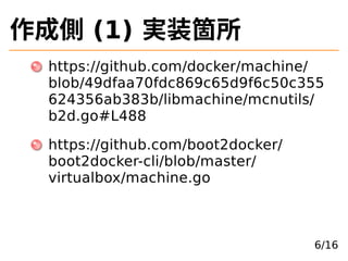 作成側 (1) 実装箇所
https://github.com/docker/machine/
blob/49dfaa70fdc869c65d9f6c50c355
624356ab383b/libmachine/mcnutils/
b2d.go...