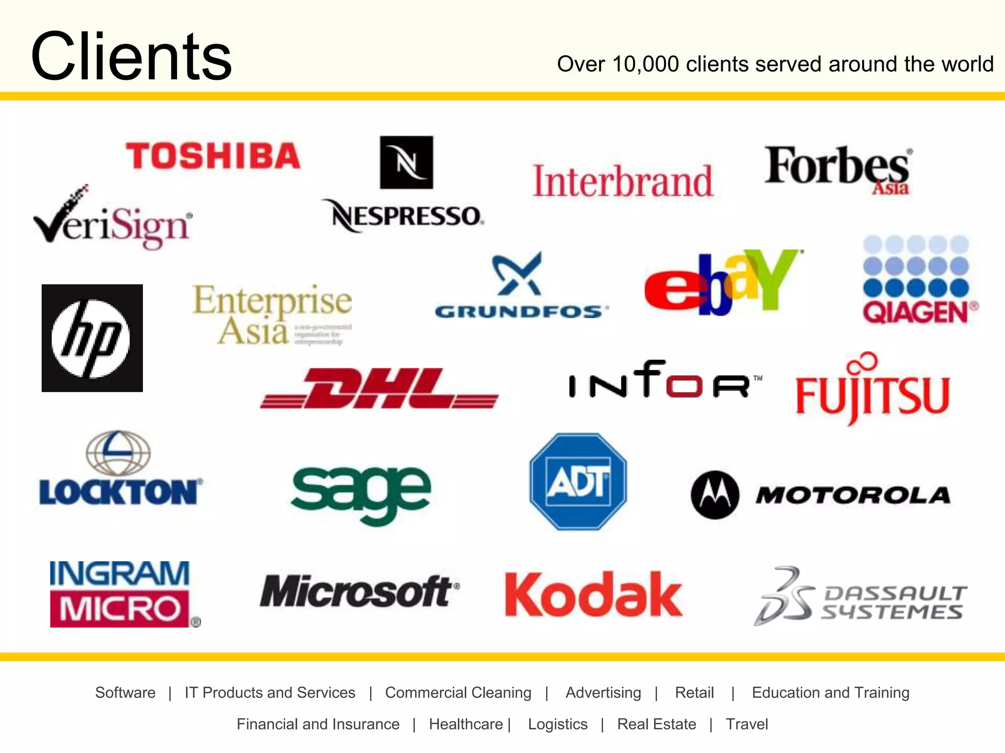 Copyright © 2013 Callbox. All rights reserved.
Software | IT Products and Services | Commercial Cleaning | Advertising | Retail | Education and Training
Financial and Insurance | Healthcare | Logistics | Real Estate | Travel
Over 10,000 clients served around the worldClients
 