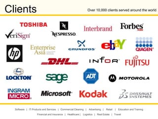 Copyright © 2013 Callbox. All rights reserved.
Software | IT Products and Services | Commercial Cleaning | Advertising | Retail | Education and Training
Financial and Insurance | Healthcare | Logistics | Real Estate | Travel
Over 10,000 clients served around the worldClients
 