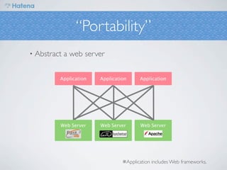 “Portability”
•   Abstract a web server




                            ※Application includes Web frameworks.
 
