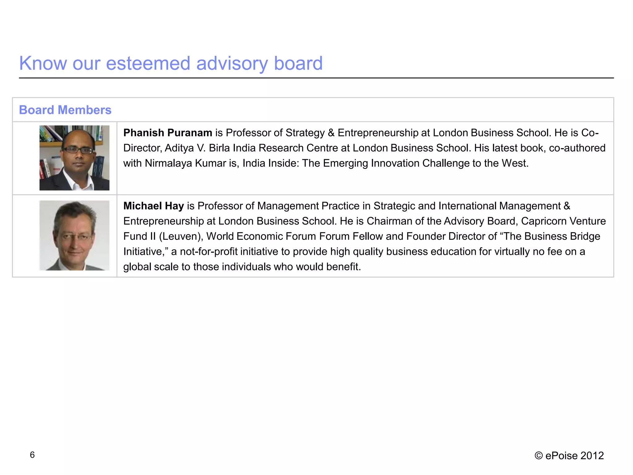 Know our esteemed advisory board

Board Members
                Phanish Puranam is Professor of Strategy & Entrepreneurship at London Business School. He is Co-
                Director, Aditya V. Birla India Research Centre at London Business School. His latest book, co-authored
                with Nirmalaya Kumar is, India Inside: The Emerging Innovation Challenge to the West.



                Michael Hay is Professor of Management Practice in Strategic and International Management &
                Entrepreneurship at London Business School. He is Chairman of the Advisory Board, Capricorn Venture
                Fund II (Leuven), World Economic Forum Forum Fellow and Founder Director of “The Business Bridge
                Initiative,” a not-for-profit initiative to provide high quality business education for virtually no fee on a
                global scale to those individuals who would benefit.




 6                                                                                                          © ePoise 2012
 