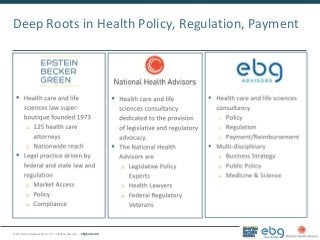 © 2015 Epstein Becker & Green, P.C. | All Rights Reserved. | ebglaw.com
Deep Roots in Health Policy, Regulation, Payment
 