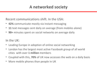A networked society Recent communications shift. In the USA: 42%  communicate mostly via instant messaging 11  text messages sent daily on average (from mobiles alone) 90+  minutes spent on social networks on average daily In the UK: Leading Europe in adoption of online social networking London has the largest most active Facebook group of all world cities  with over  1 million  members Coupled with this,  70%  of UK now accesses the web on a daily basis More mobile phones than people in UK 