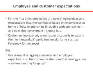 Employee and customer expectations For the first time, employees are now bringing ideas and expectations into the workplace based on experiences at home of how relationships (including with companies – and now also government!) should be… Customers increasingly want (expect) councils to exist in their in ‘networked’ world (online platforms such as Facebook for instance) But Government is lagging consumer and employee expectation on the communications and technology curve – so how can they keep up? 
