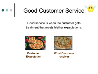 Good Customer Service
 Good service is when the customer gets
treatment that meets his/her expectations.




 Customer            What Customer
Expectation            receives
 