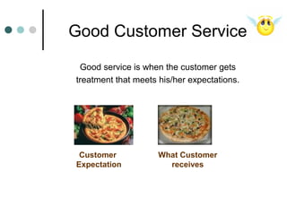 Good Customer Service
 Good service is when the customer gets
treatment that meets his/her expectations.




 Customer    ...