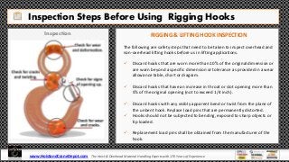 Inspection Steps Before Using Rigging Hooks
Inspection RIGGING & LIFTING HOOK INSPECTION
The following are safety steps that need to be taken to inspect overhead and
non-overhead lifting hooks before us in lifting applications.
 Discard hooks that are worn more than 10% of the original dimension or
are worn beyond a specific dimension or tolerance as provided in a wear
allowance table, chart or diagram.
 Discard hooks that have an increase in throat or slot opening more than
5% of the original opening (not to exceed 1/4 inch).
 Discard hooks with any visibly apparent bend or twist from the plane of
the unbent hook. Replace load pins that are permanently distorted.
 Hooks should not be subjected to bending, exposed to sharp objects or
tip loaded.
 Replacement load pins shall be obtained from the manufacturer of the
hook.
www.HoistandCraneDepot.com The Hoist & Overhead Material Handling Experts with 170 Years of Experience
 