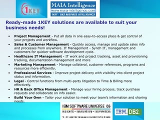 Ready-made 1KEY solutions are available to suit your business needs! Project Management  - Put all data in one easy-to-access place & get control of your projects and workflow.  Sales & Customer Management  - Quickly access, manage and update sales info and processes from anywhere. IT Management - Synch IT, management and customers for quicker software development cycle.  Healthcare IT Management  - IT work and project tracking, asset and provisioning tracking, documentation management and more Marketing Management  - Manage collateral, customer references, programs and resources more efficiently. Professional Services  - Improve project delivery with visibility into client project status and information. Legal  - Control functions from multi-party litigation to Time & Billing more effectively. HR & Back Office Management  - Manage your hiring process, track purchase requests and collaborate on info easier. Build Your Own  - Tailor your solution to meet your team’s information and sharing needs. 