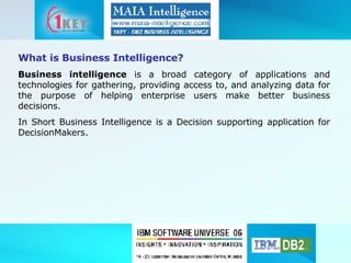 What is Business Intelligence? Business intelligence  is a broad category of applications and technologies for gathering, providing access to, and analyzing data for the purpose of helping enterprise users make better business decisions.  In Short Business Intelligence is a Decision supporting application for DecisionMakers. 