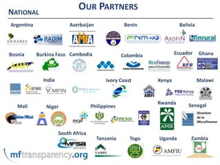 OurPartnersNationalArgentinaAzerbaijanBeninBoliviaEcuadorGhanaCambodiaBosniaBurkina FasoColombiaIndiaIvory CoastKenyaMalawiRwandaSenegalPhilippinesMaliNigerDirection de la MicrofinanceSouth AfricaZambiaTogoUgandaTanzania