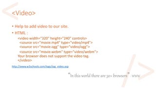 “In this world there are 30+ browsers”- WWW
<Video>
• Help to add video to our site.
• HTML :
<video width="320" height="240" controls>
<source src="movie.mp4" type="video/mp4">
<source src="movie.ogg" type="video/ogg">
<source src="movie.webm" type="video/webm">
Your browser does not support the video tag.
</video>
http://www.w3schools.com/tags/tag_video.asp
 