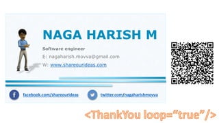 NAGA HARISH M
Software engineer
E: nagaharish.movva@gmail.com
W: www.shareourideas.com
facebook.com/shareourideas twitter.com/nagaharishmovva
 