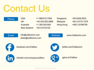 Contact Us
+1 888.810.7464

Singapore

+65 6248.5023

+44 203.002.5986

Malaysia

+60 3.2772.7370

Australia

+1 300.505.804

Hong Kong

+852 3.6786708

New Zealand

Email

USA

UK

Phone

+64 9.9143122

info@callboxinc.com

Website

www.CallboxInc.com

sales@callboxinc.com

facebook.com/Callbox

twitter.com/Callboxinc

linkedin.com/company/callbox

gplus.to/Callbox

Copyright © 2013 Callbox. All rights reserved.

 