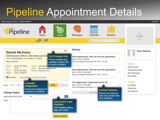 Pipeline Appointment Details

Copyright © 2013 Callbox. All rights reserved.

 