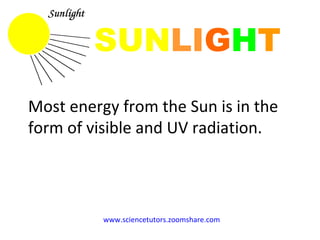 SUN LI G H T Most energy from the Sun is in the form of visible and UV radiation. www.sciencetutors.zoomshare.com   