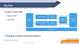 @Alan Tsai 的學習筆記
Big Data
19
▰Cold 和 Hot Path
▻Cold 非及時
▻Hot 及時
▰需要處理大量資料或者報表時候適合
https://pptto.alantsai.net/arc-bigdata
 