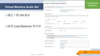 @Alan Tsai 的學習筆記
Virtual Machine Scale Set
34
▰建立一個 VM 範本
▰設定 Load Balancer 來分流
Performance
Efficiency
 