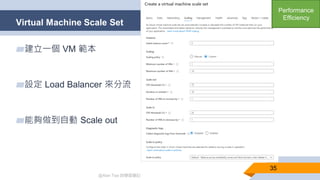 @Alan Tsai 的學習筆記
Virtual Machine Scale Set
35
▰建立一個 VM 範本
▰設定 Load Balancer 來分流
▰能夠做到自動 Scale out
Performance
Efficiency
 