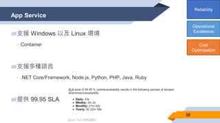@Alan Tsai 的學習筆記
App Service
38
▰支援 Windows 以及 Linux 環境
▻Container
▰支援多種語言
▻.NET Core/Framework, Node.js, Python, PHP, Java, Ruby
▰提供 99.95 SLA
Reliability
Cost
Optimization
Operational
Excellence
 