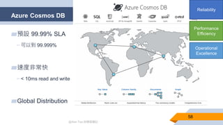 @Alan Tsai 的學習筆記
Azure Cosmos DB
58
▰預設 99.99% SLA
▻可以到 99.999%
▰速度非常快
▻< 10ms read and write
▰Global Distribution
Reliability
Performance
Efficiency
Operational
Excellence
 