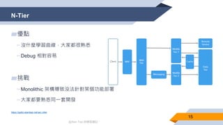 @Alan Tsai 的學習筆記
N-Tier
15
▰優點
▻沒什麼學習曲線，大家都很熟悉
▻Debug 相對容易
▰挑戰
▻Monolithic 架構導致沒法針對某個功能部署
▻大家都要熟悉同一套開發
https://pptto.alant...
