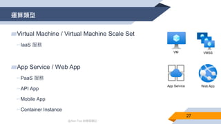 @Alan Tsai 的學習筆記
運算類型
27
▰Virtual Machine / Virtual Machine Scale Set
▻IaaS 服務
▰App Service / Web App
▻PaaS 服務
▻API App
▻Mobile App
▻Container Instance
VM VMSS
App Service Web App
 