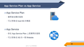 @Alan Tsai 的學習筆記
App Service Plan vs App Service
39
▰App Service Plan
▻實際被收費的服務
▻可以想象成 host IIS 的機器
▰App Service
▻掛在 App S...