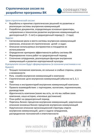 Стратегическая сессия по
разработке программы ВК

Цели стратегической сессии:
• Выработка и принятие стратегических решений по развитию и
    реализации системы внутренних коммуникаций
• Разработка документов, определяющих основные ориентиры,
    направления и технологии развития внутренних коммуникаций на
    долгосрочный (3 – 5 лет) и среднесрочный период (1 - 2 года).
Задачи:
• Согласование роли и места системы внутренних коммуникаций
    компании, описание её стратегических целей и задач
• Описание используемых инструментов и стандартов их
    использования
• Определение критериев эффективности работы системы ВК
• Формирование плана работ на среднесрочный период
• Сплочение сотрудников, реализующих функции внутренних
    коммуникаций и развития корпоративной культуры
В результате сессии будут сформулированы (в сознании участников и на
бумаге):
• Текущее положение компании, ее сильные и слабые стороны, угрозы
    и возможности
• Роль служба внутренних коммуникаций в компании
• Стратегические цели внутренних коммуникаций (обычно на 5, 3, 1
    год)
• Политика и инструментарий внутренних коммуникаций компании
• Правила взаимодействия: с партнерами, коллегами, подчиненными,
    руководством
• Идентичность компании (какие мы есть, за что мы любим свою
    компанию, наша история, ключевые достижения)
• План работ на среднесрочный период
• Перечень бизнес-процессов внутренних коммуникаций, укрупненное
    описание основных бизнес-процессов внутренних коммуникаций
• Укрупненное описание организационной структуры отдела
    внутренних коммуникаций, цели и задачи сотрудников,
    распределение полномочий и ответственности




                                                                       24
 