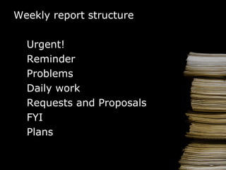 Weekly report  structure Urgent! Reminder Problems Daily work Requests and Proposals FYI Plans 