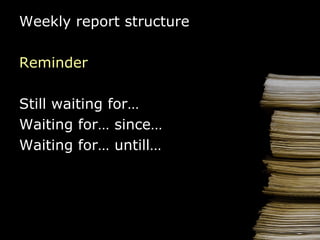 Weekly report  structure Reminder Still waiting for…  Waiting for… since…  Waiting for… untill… 
